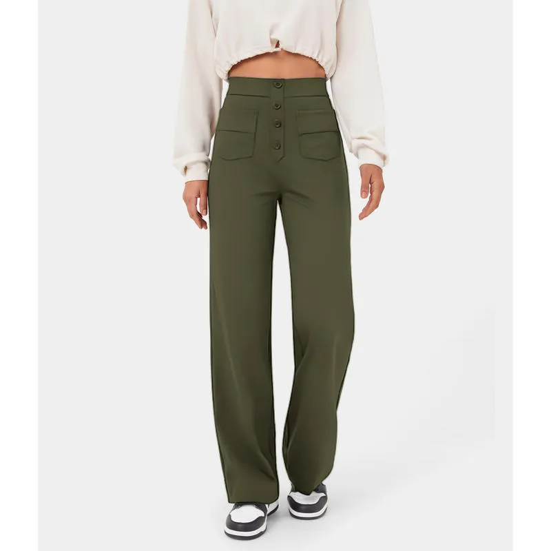 High Waisted Pockets Straight Leg Casual Pants