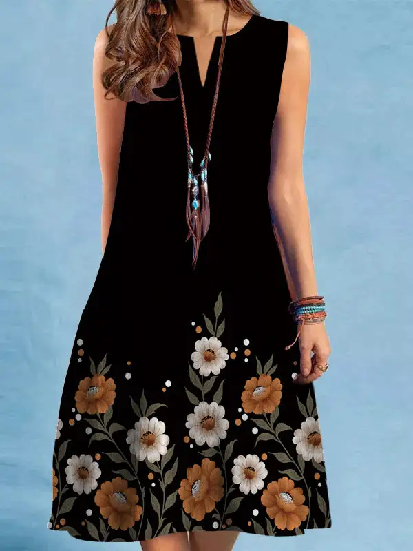 Relaxed Plus Size Flower Print V Neck Mini Dress