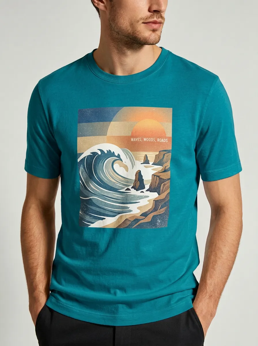 Men's Crewneck Waypoint Trail Nature Adventure Ocean Wave Sunset Graphic T-Shirt