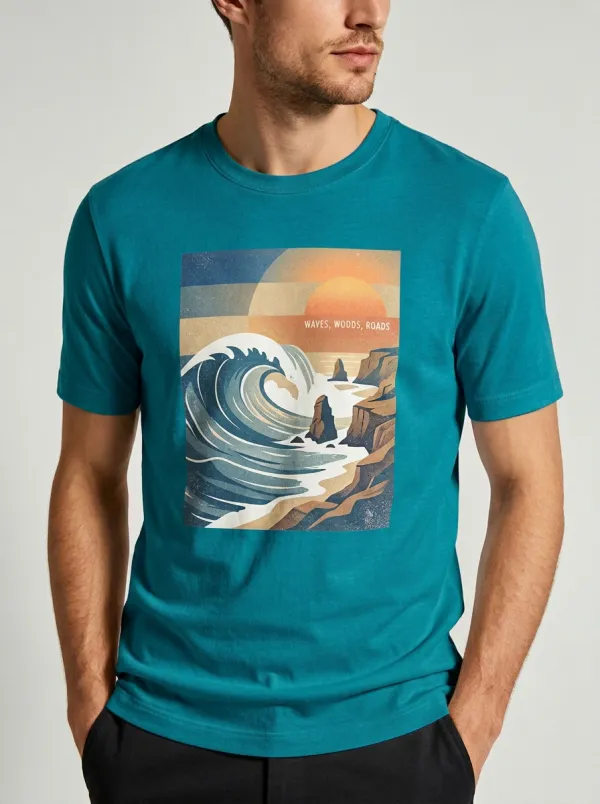 Men's Crewneck Waypoint Trail Nature Adventure Ocean Wave Sunset Graphic T-Shirt
