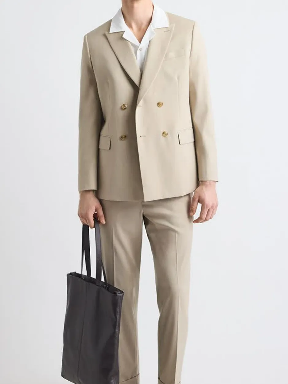 Beige Double Breasted Tailored Business Style Suit Blazer