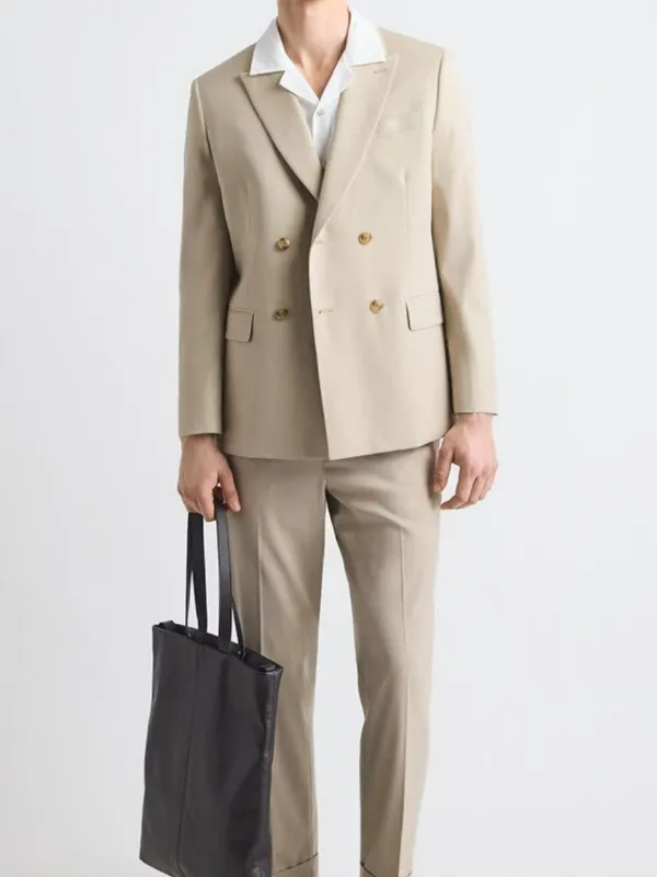 Beige Double Breasted Tailored Business Style Suit Blazer