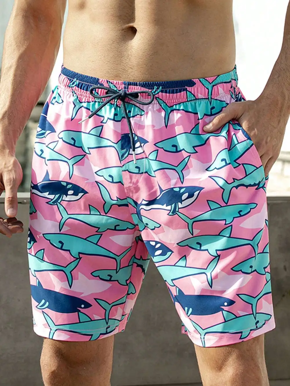 Men's Shark Print Drawstring Swim Trunks