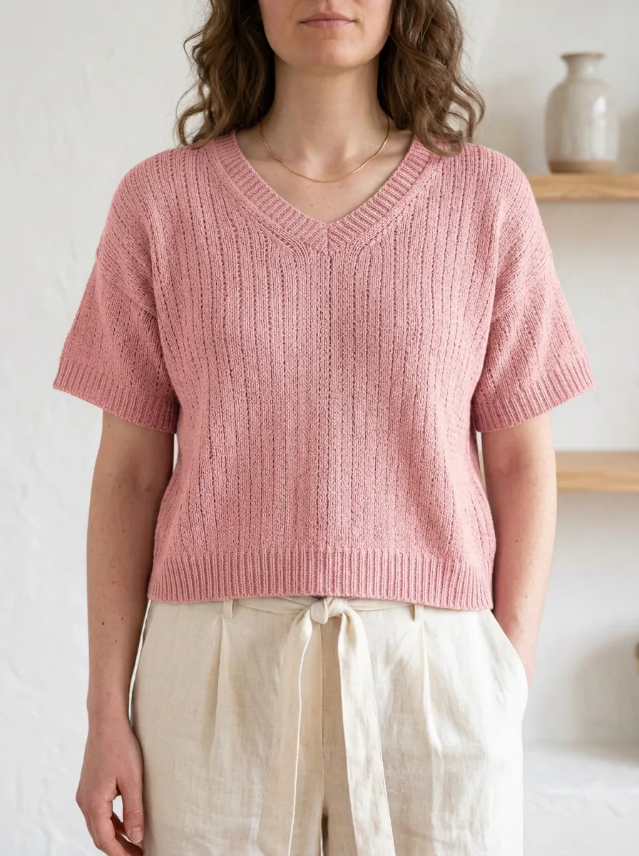 Women's V-Neck Short-Sleeve Ribbed Knit T-Shirt