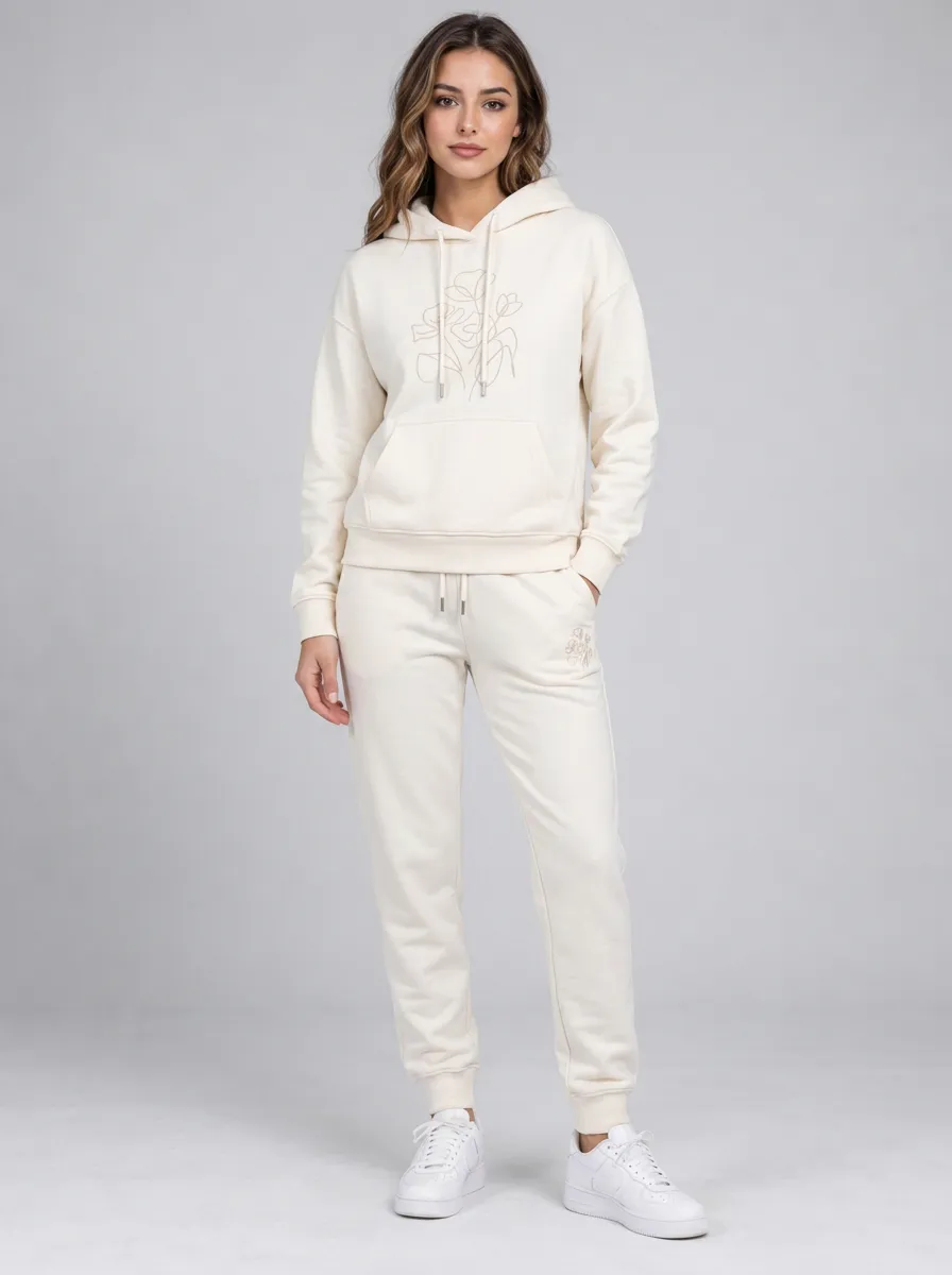 Women's Cream Tapered Pants Solid Hoodie & Pants Set