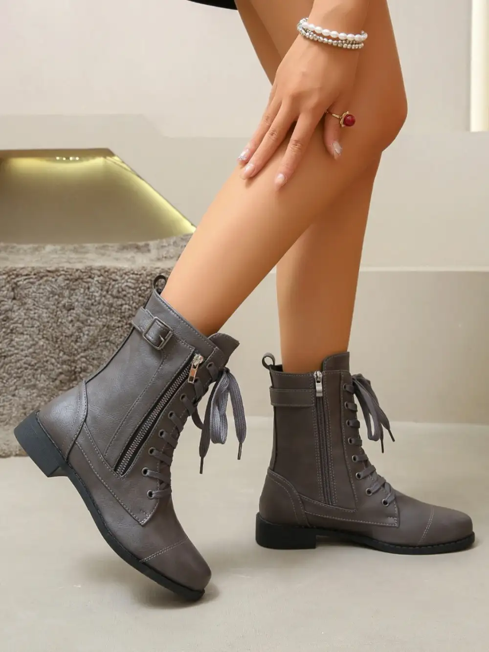 Pu Leather Lace-Up Boots