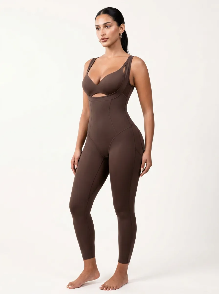 Women's Brown Seamless Tummy Control Cutout Bodysuit Shapewear