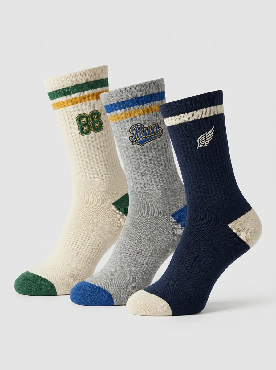 Unisex Wing Running-Inspired Three-Pair Embroidered Crew Socks