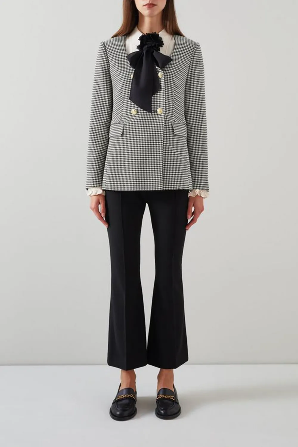 Black Cream Checkered Bow Detail Short Coat