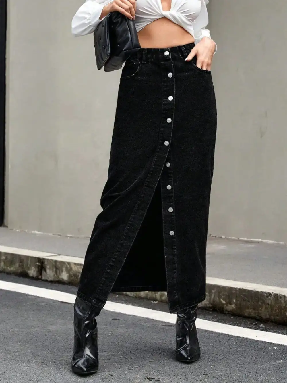 Minimal Button Front Denim Detail Skirt
