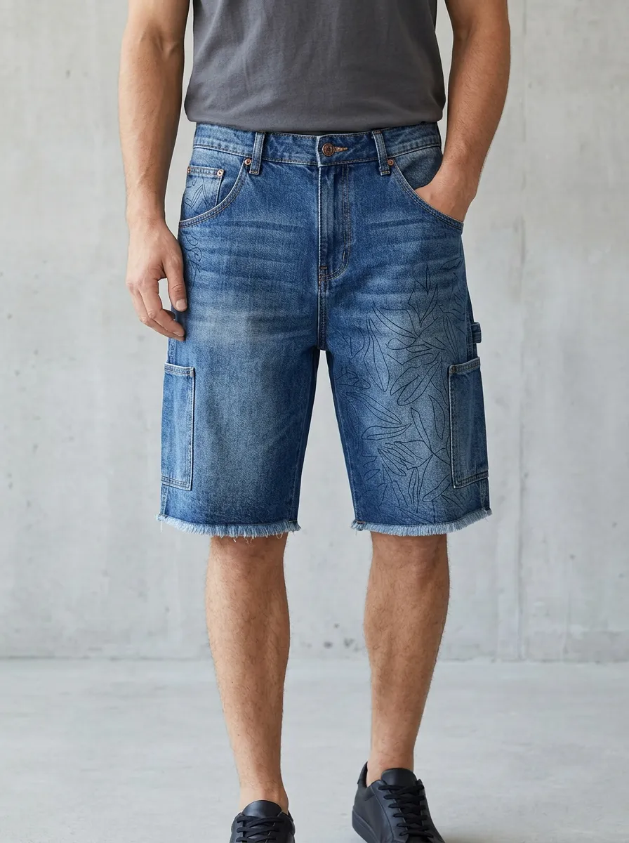Mobility-Focused Raw Hem Printed Trail Style Men's Distressed Raw Hem Denim Shorts