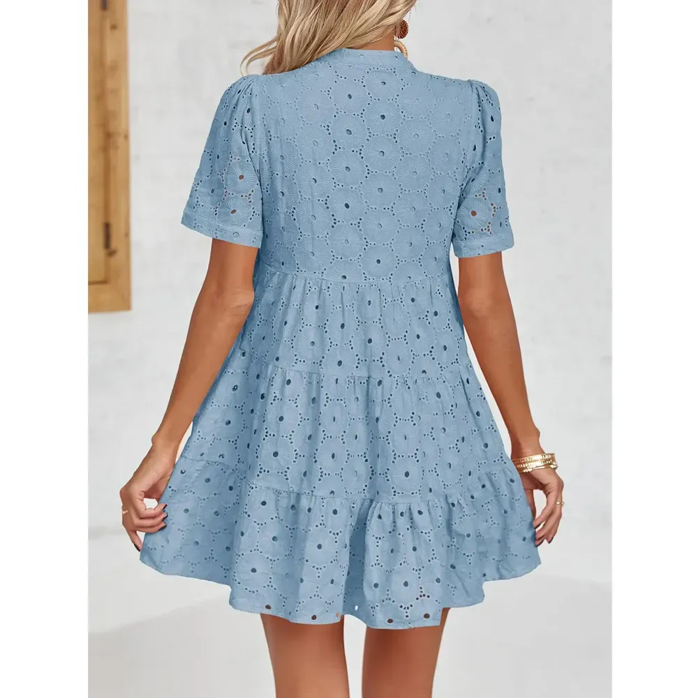 Flowy Lace Dresses Short Sleeve V Neck Tunic Dress