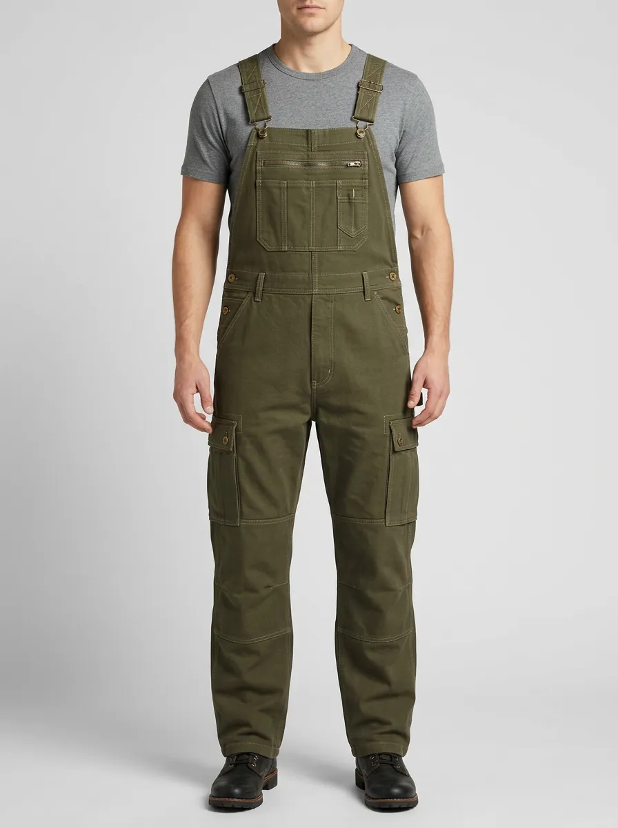 Men's Olive Green Side-Button Utility Cargo Overalls