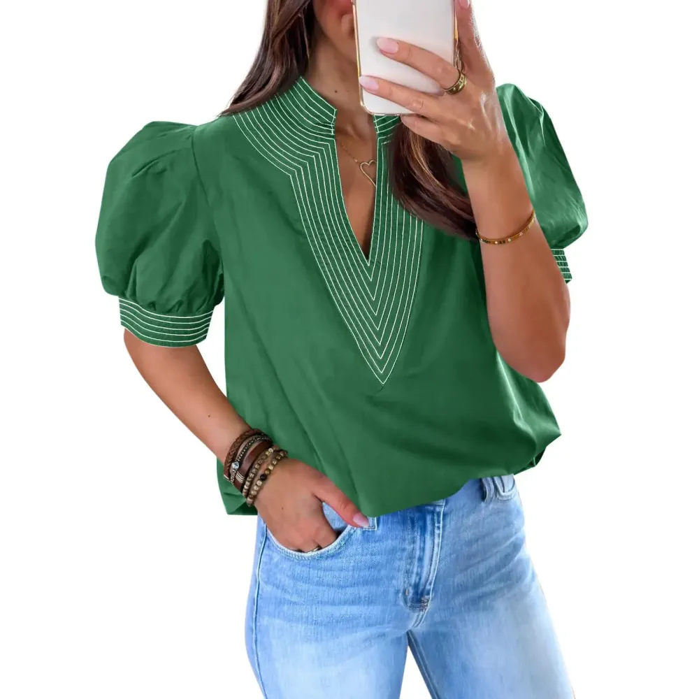 Womens Puff Short Sleeve Blouses Summer Casual Dressy Contrast Stitch