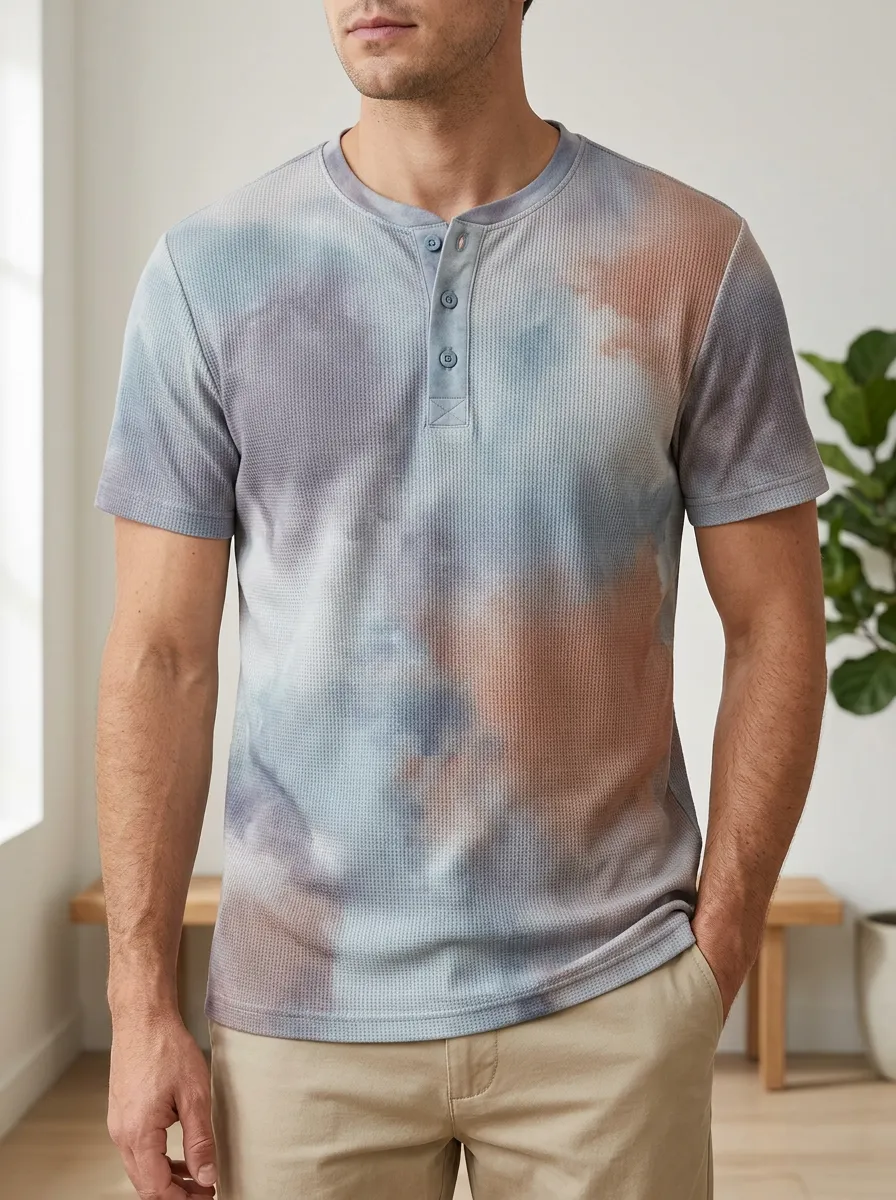 Men's Classic Casual Tie-Dye Waffle Knit Henley T-Shirt