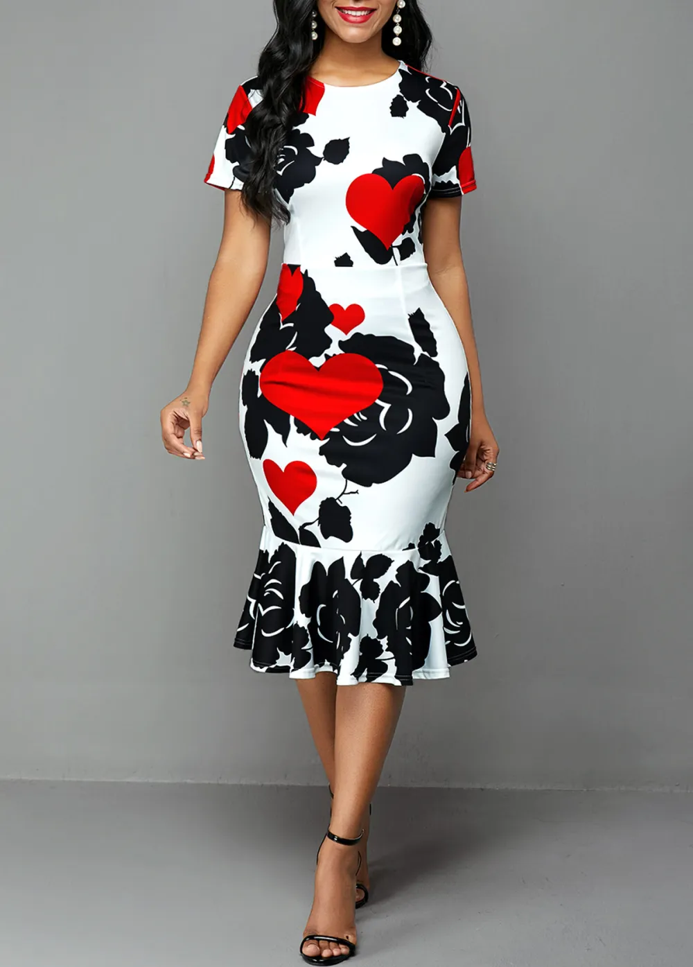 Short Sleeve Rose and Heart Print Dress