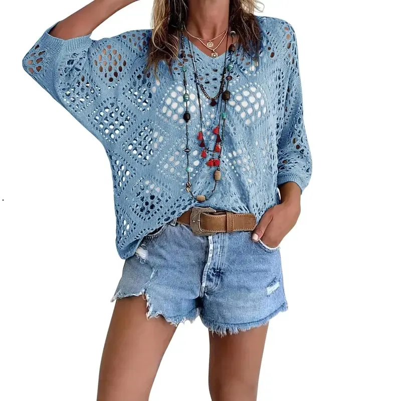 Women's Bohemian-Inspired Beige Crochet Top with V-Neck