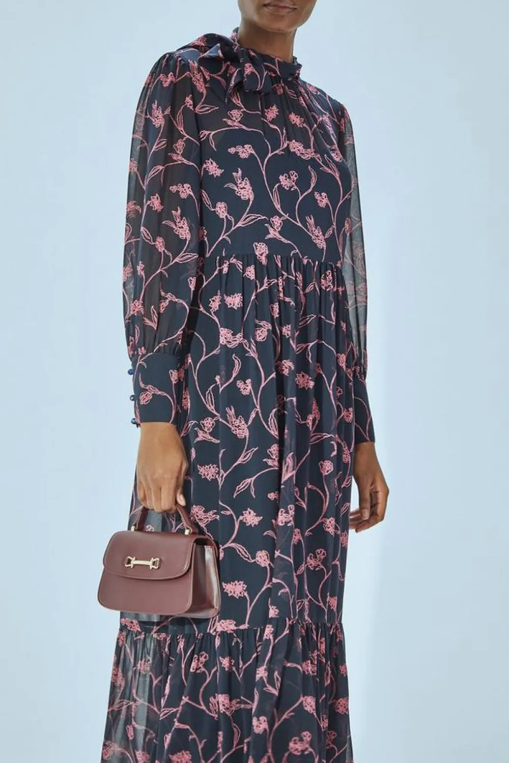 Navy Blue Floral Print Long Sleeve Midi Dress