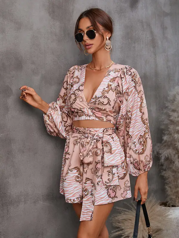 Hollowed Out Long Sleeved V Neck Shorts