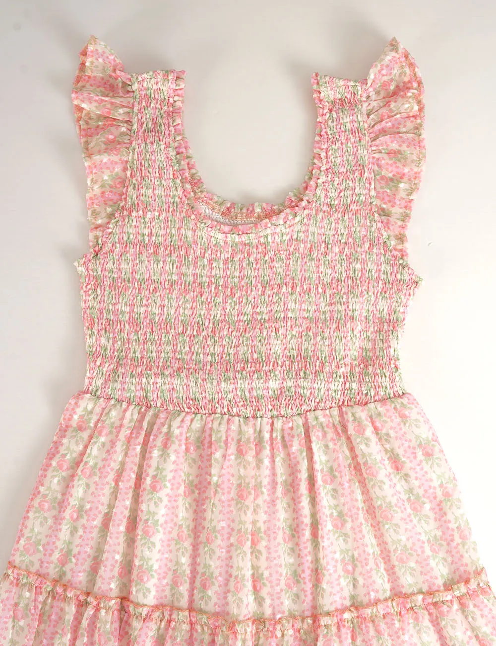 Ruffle Sleeves Tiered Hem Smocked Maxi Dress