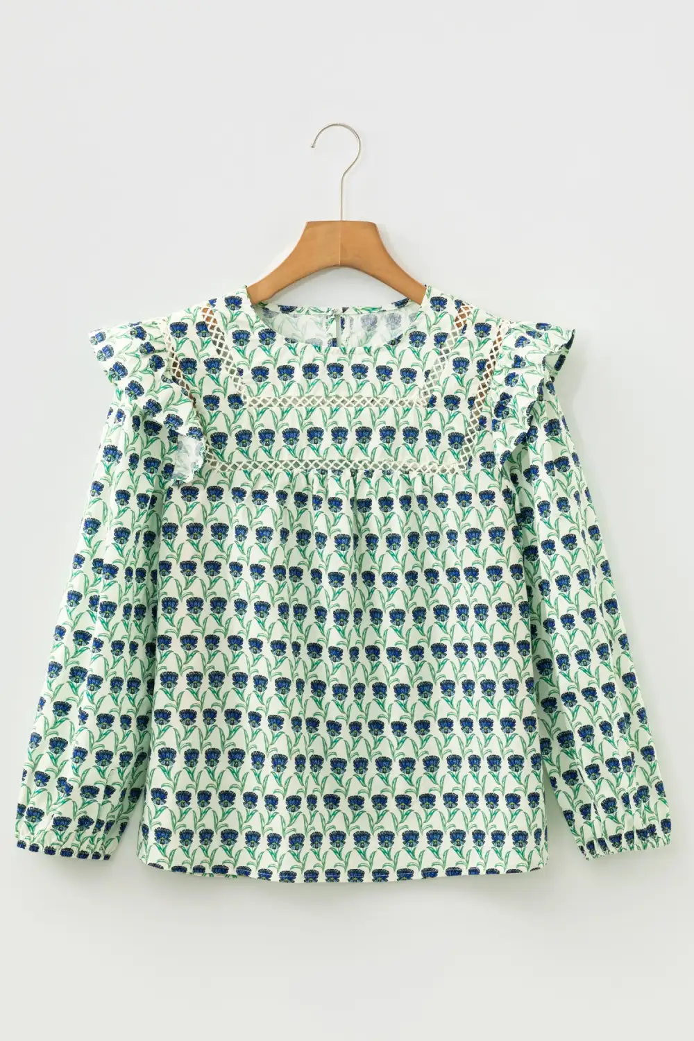 Green Floral Print Lace Detail Ruffle Trim Long Sleeve Blouse