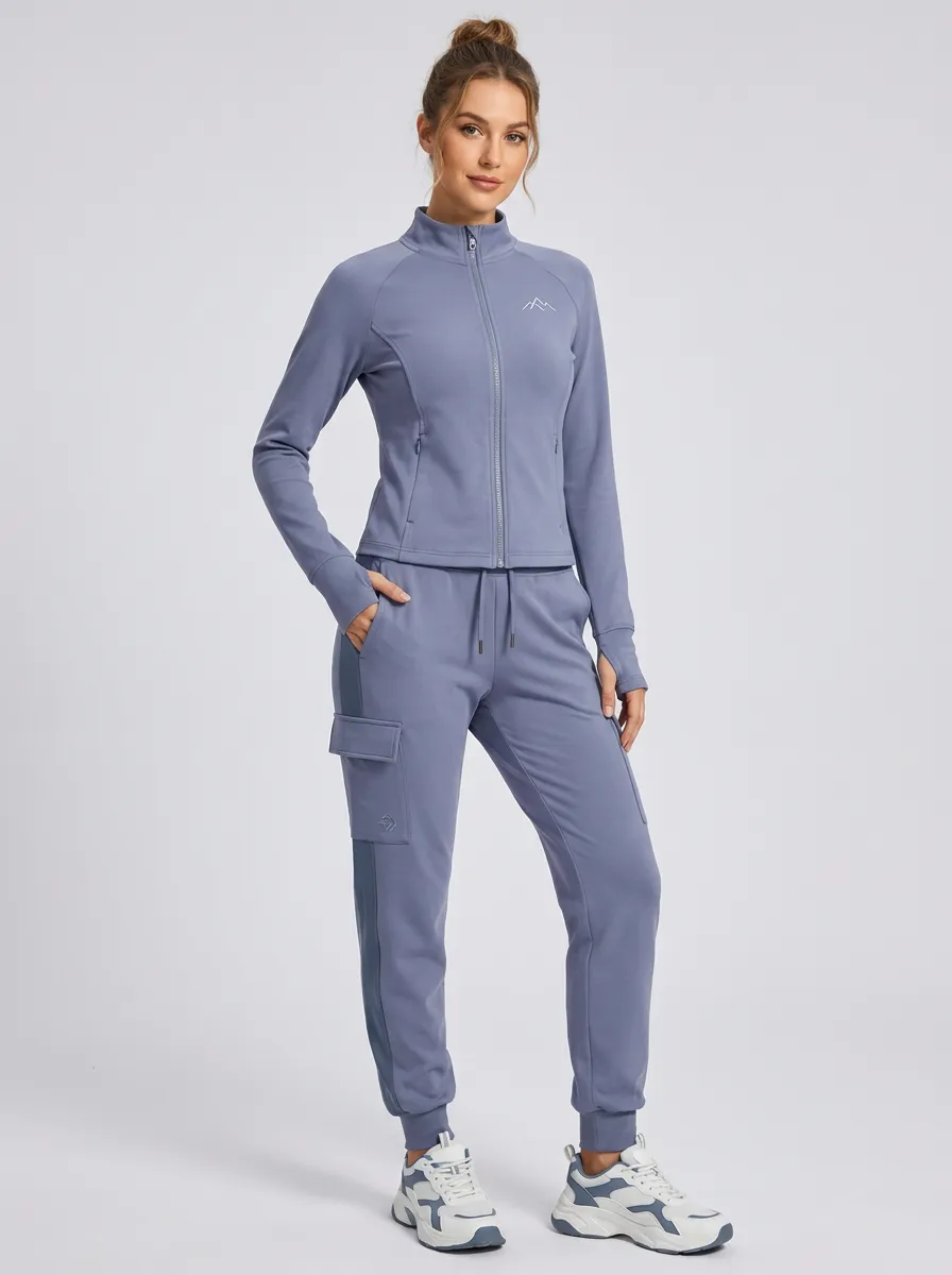 Women's Dusty Blue Zip-Up Track Jacket and Cargo Jogger Set