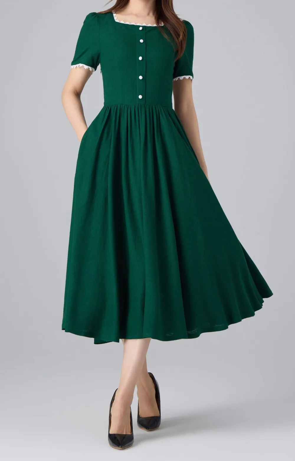 Linen Cotton A Line Puff Sleeve Midi Dress
