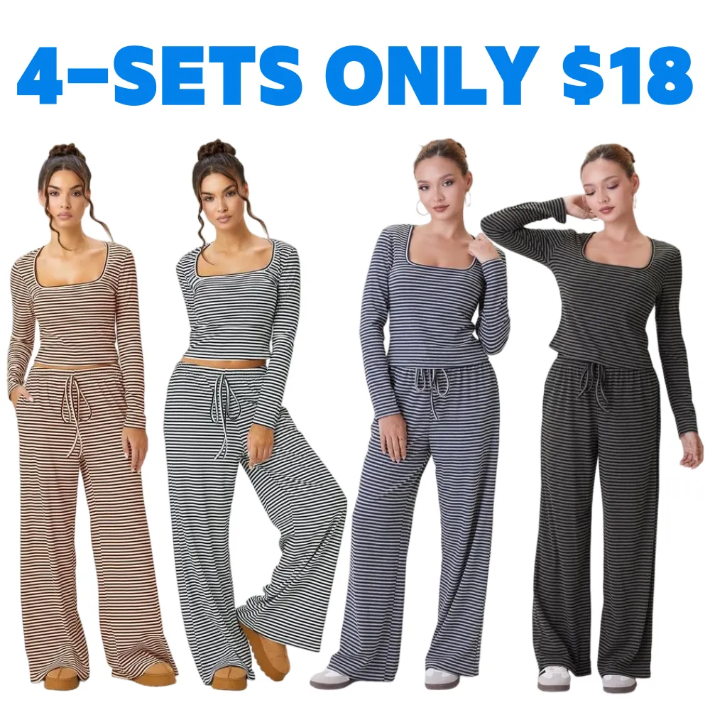 Women's Slouchy Square Neck Stripe Long Sleeve Crop Top & Low-Rise Wide Leg Trousers Co-ord