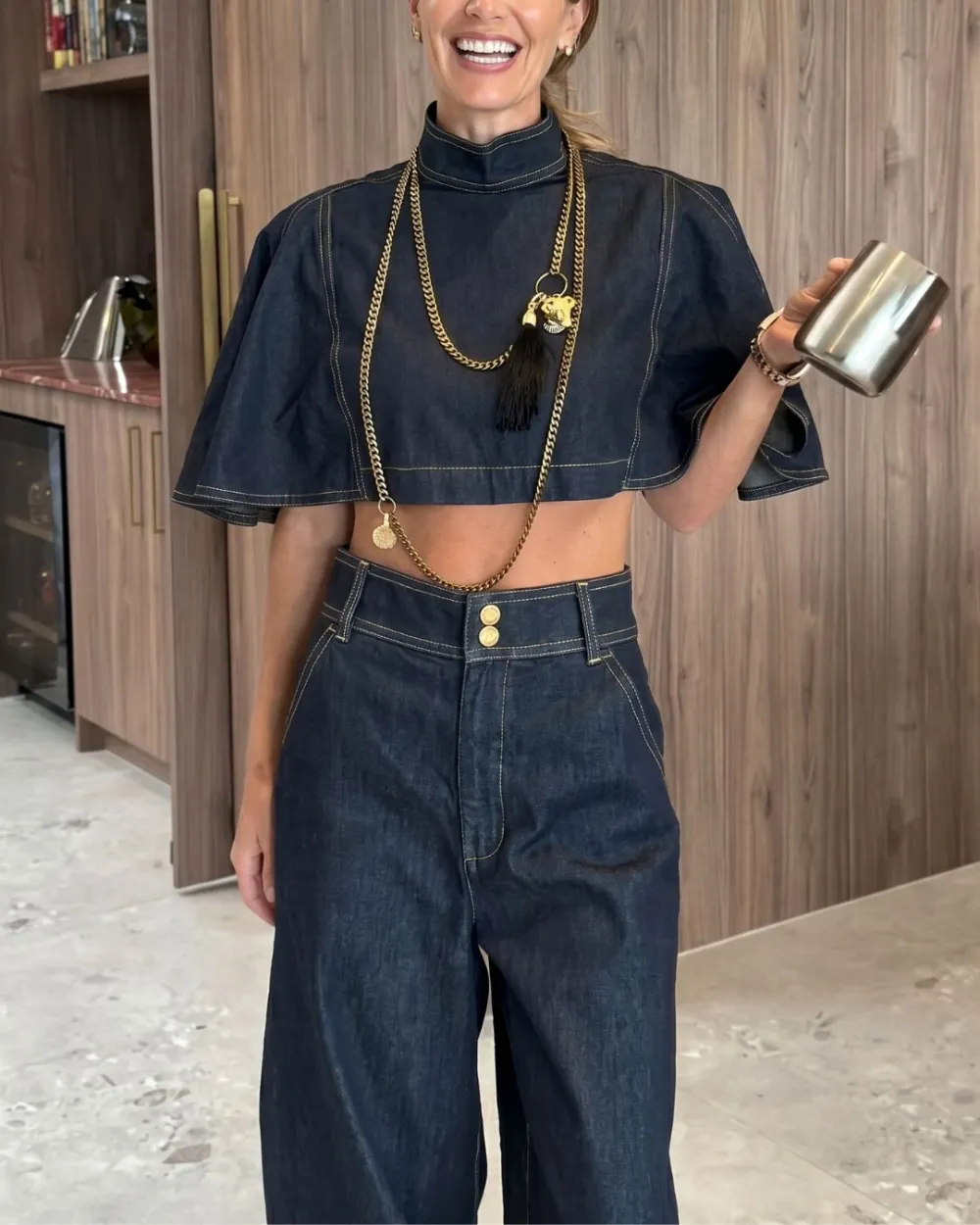 Modern Denim Capelet and High-Waist Tapered Pants Two-Piece Set