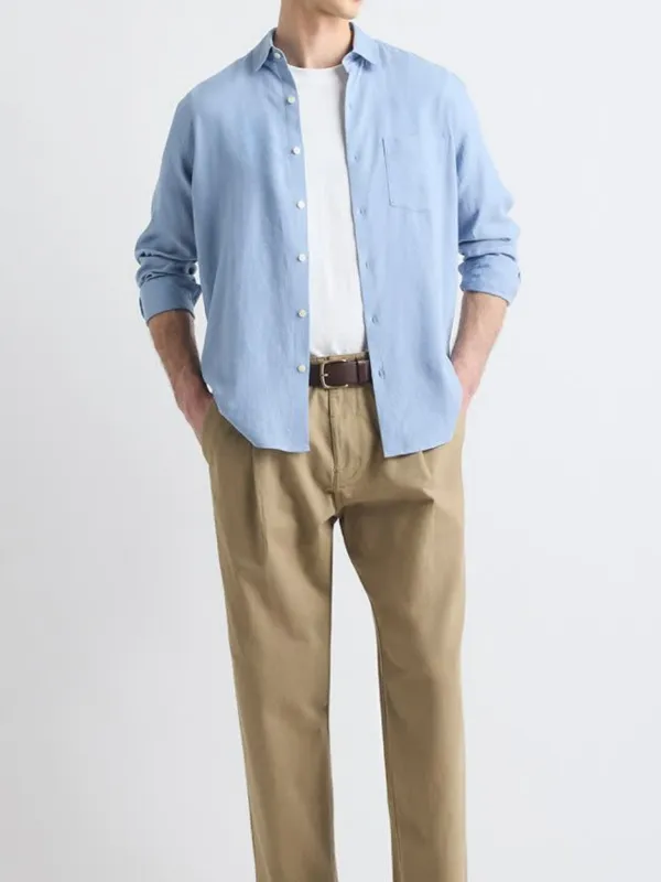Silken blue Long-Sleeve Linen-Blend Shirt