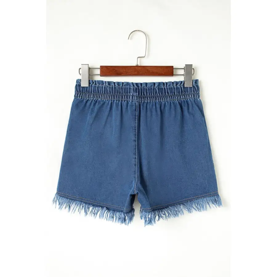 Raw Hem Drawstring High Waist Denim Shorts with Pockets