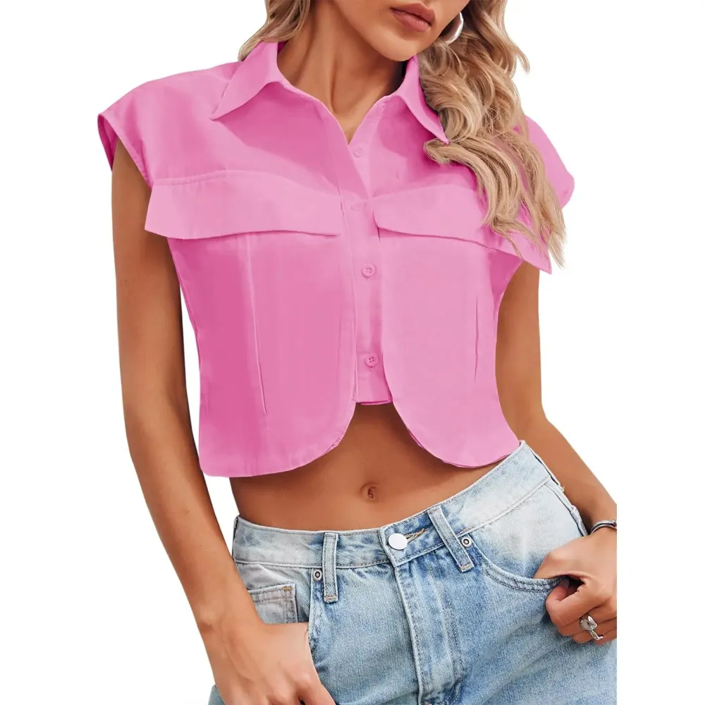 Womens Button Down Shirts Cute Summer Cap Sleeve Crop Tops