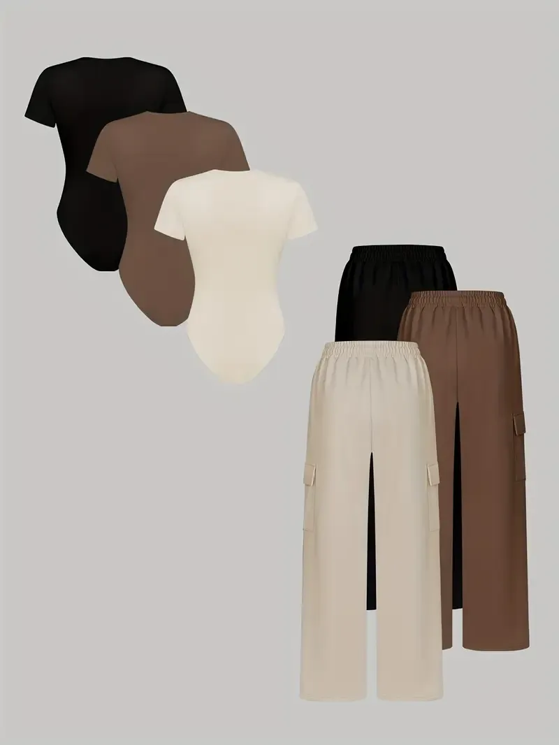 (3-SETS)Women'S Casual  Print Short Sleeve Round Neck TightJumpsuit And Waist Tie Wide Leg Pants With Pockets Set