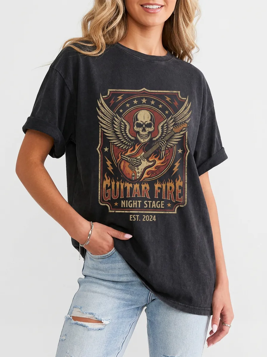 Unisex Rock Music Lover Winged Skull Guitar Printed T-shirt