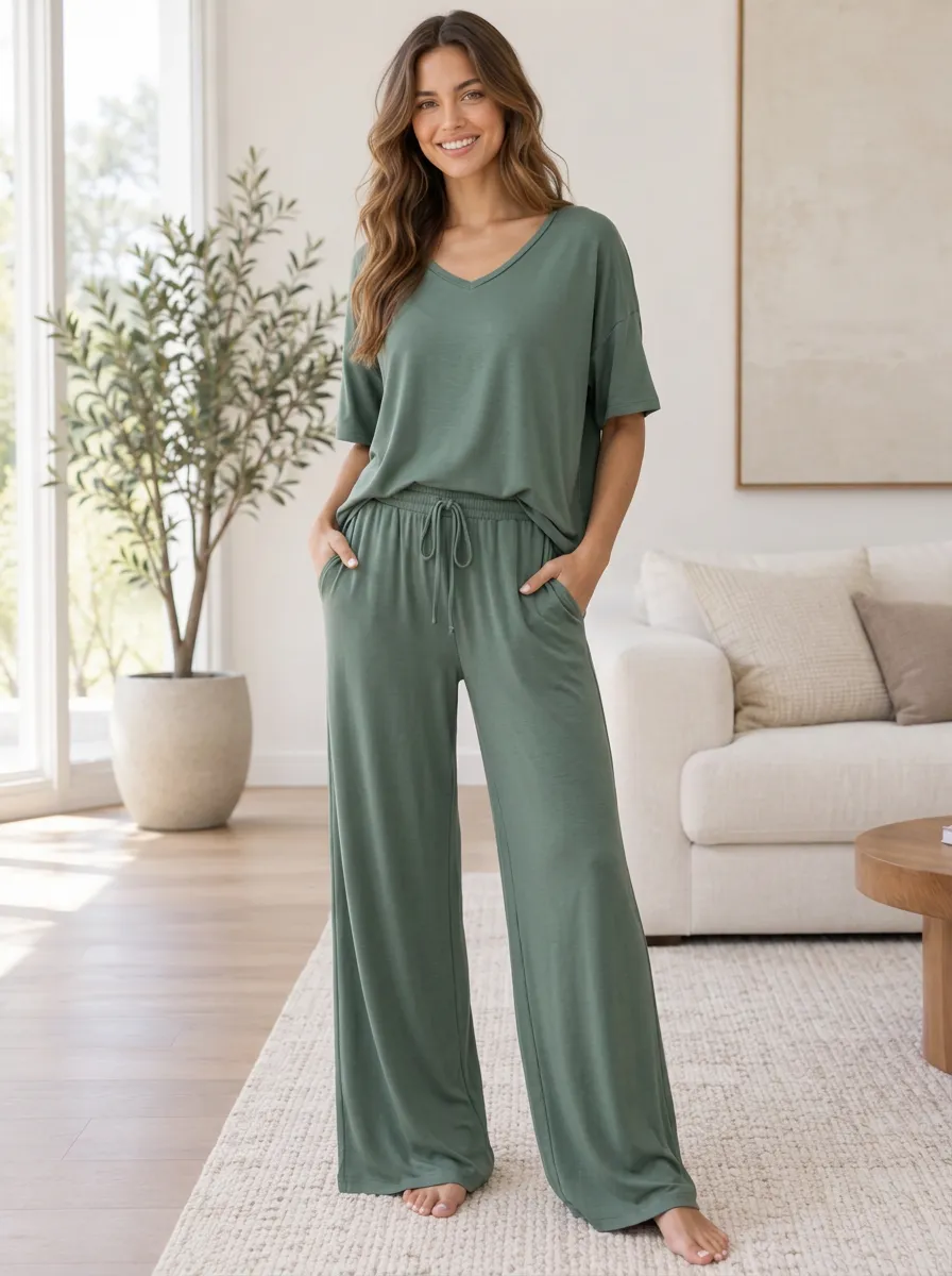 Women's Easygoing Lounge V-Neck Wide Leg Pajama Set