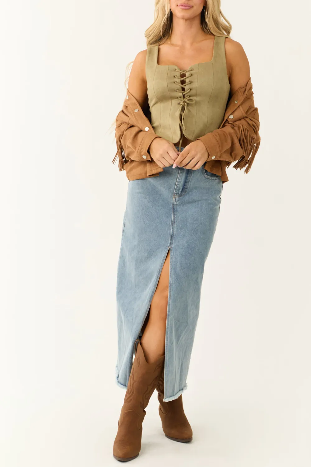 Faded Olive Princess Line Front Tie Cropped Top