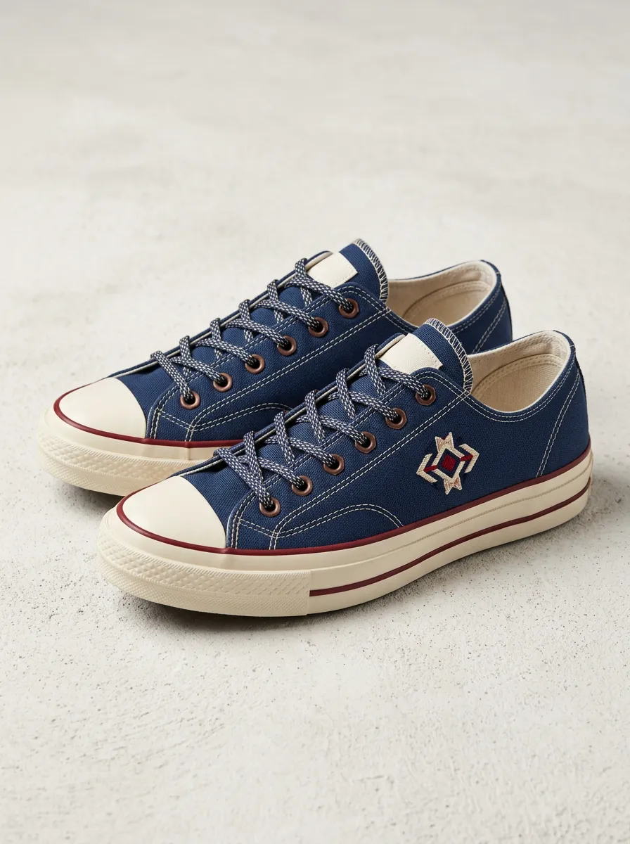 Geometric Embroidered-Detail Unisex Low-Top Canvas Sneakers