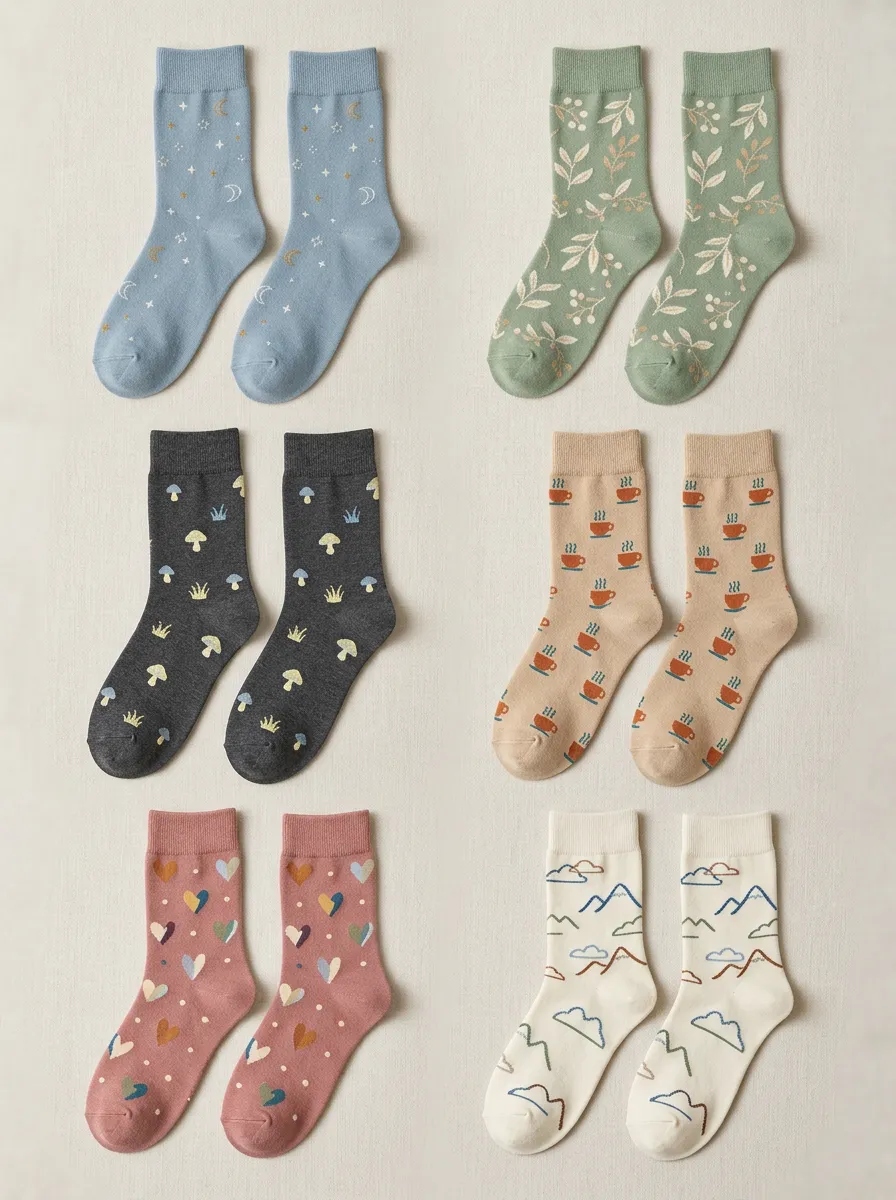 Women's Mountain Celestial Coffee Motif Crew Socks Six Pair Set