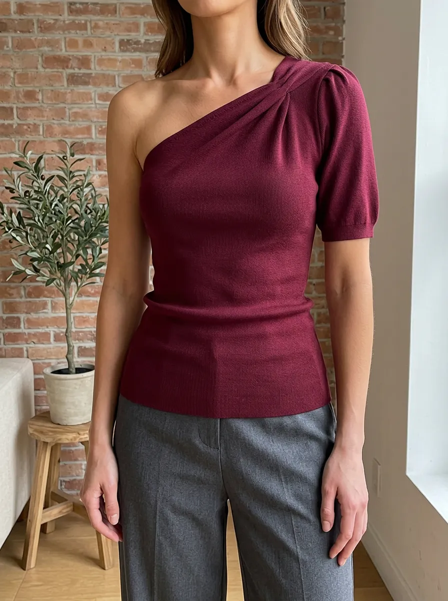 Women's Burgundy One-Shoulder Ribbed Knit Top