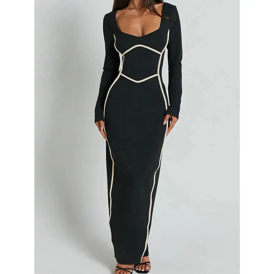 Contrast Trim Long Sleeve Bodycon Maxi Dress