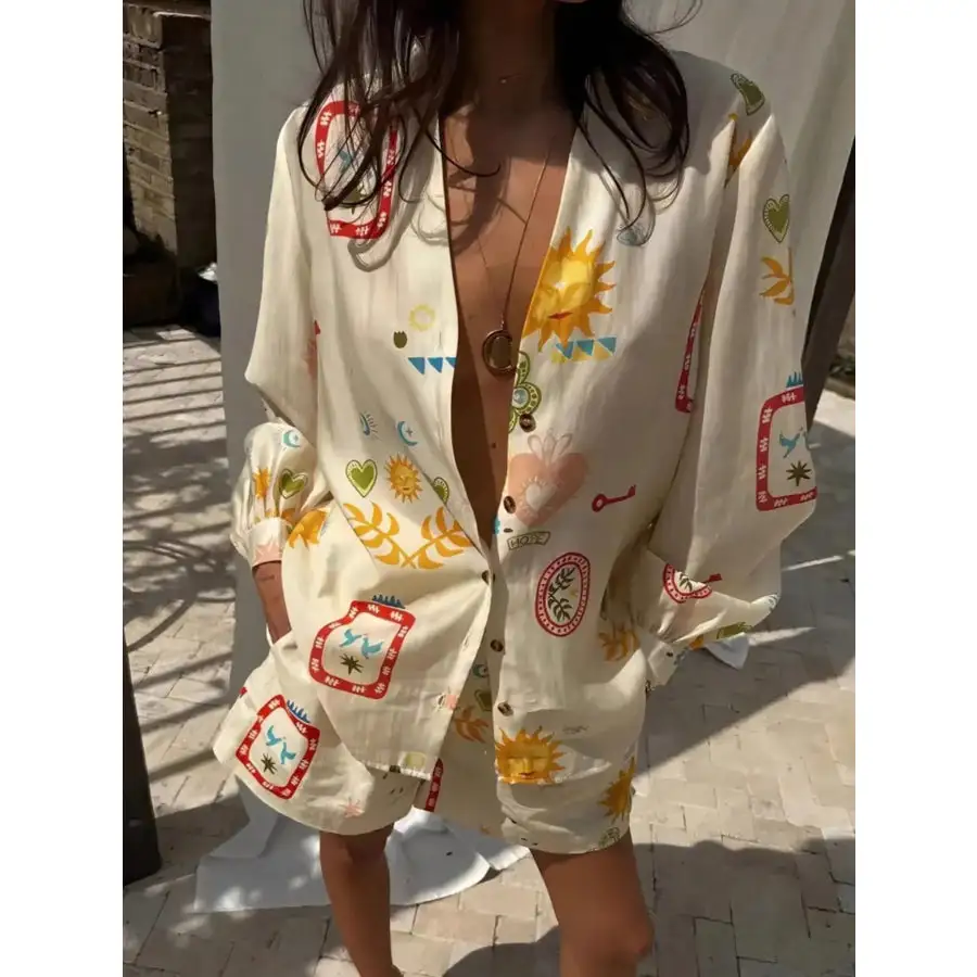 Everyday Button Up Long Sleeve Shirt and Shorts Set