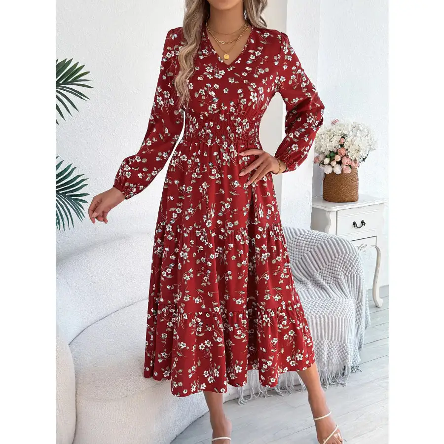Floral Print Long Sleeve V Neck Midi Dress
