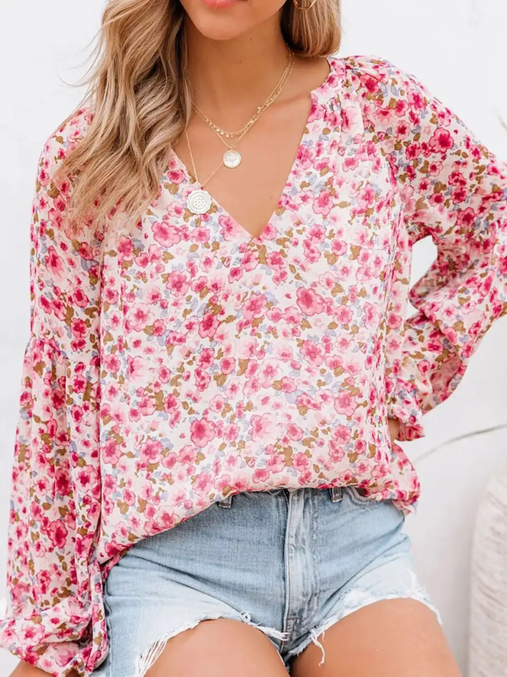 Floral Print V Neck Long Sleeve Blouse