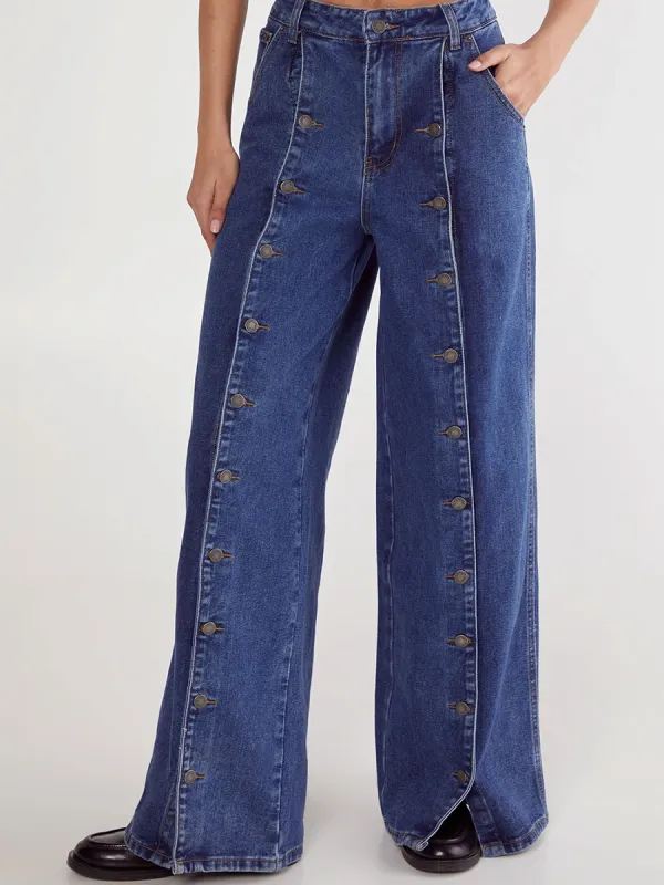Women's Dark Blue Side Button Wide-Leg Jeans