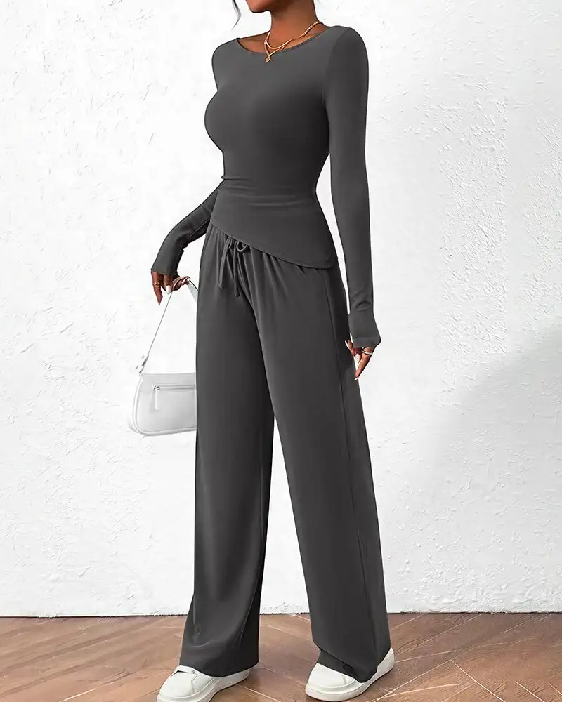 Asymmetrical Long Sleeve Top and Wide Leg Pants Lounge Set