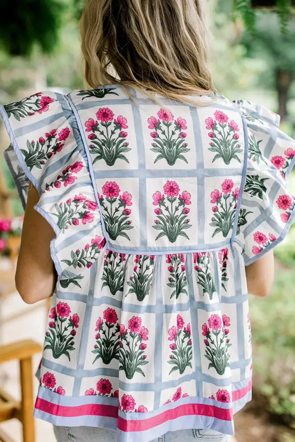 Pink Floral Flutter Sleeve Split V Neck Top