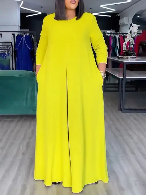 Losse Wijde Zakken Effen Jumpsuits Met Ronde Hals
