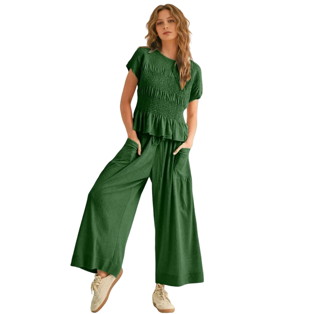 Women's Boho Chic Pleated Top & Wide-Leg Set