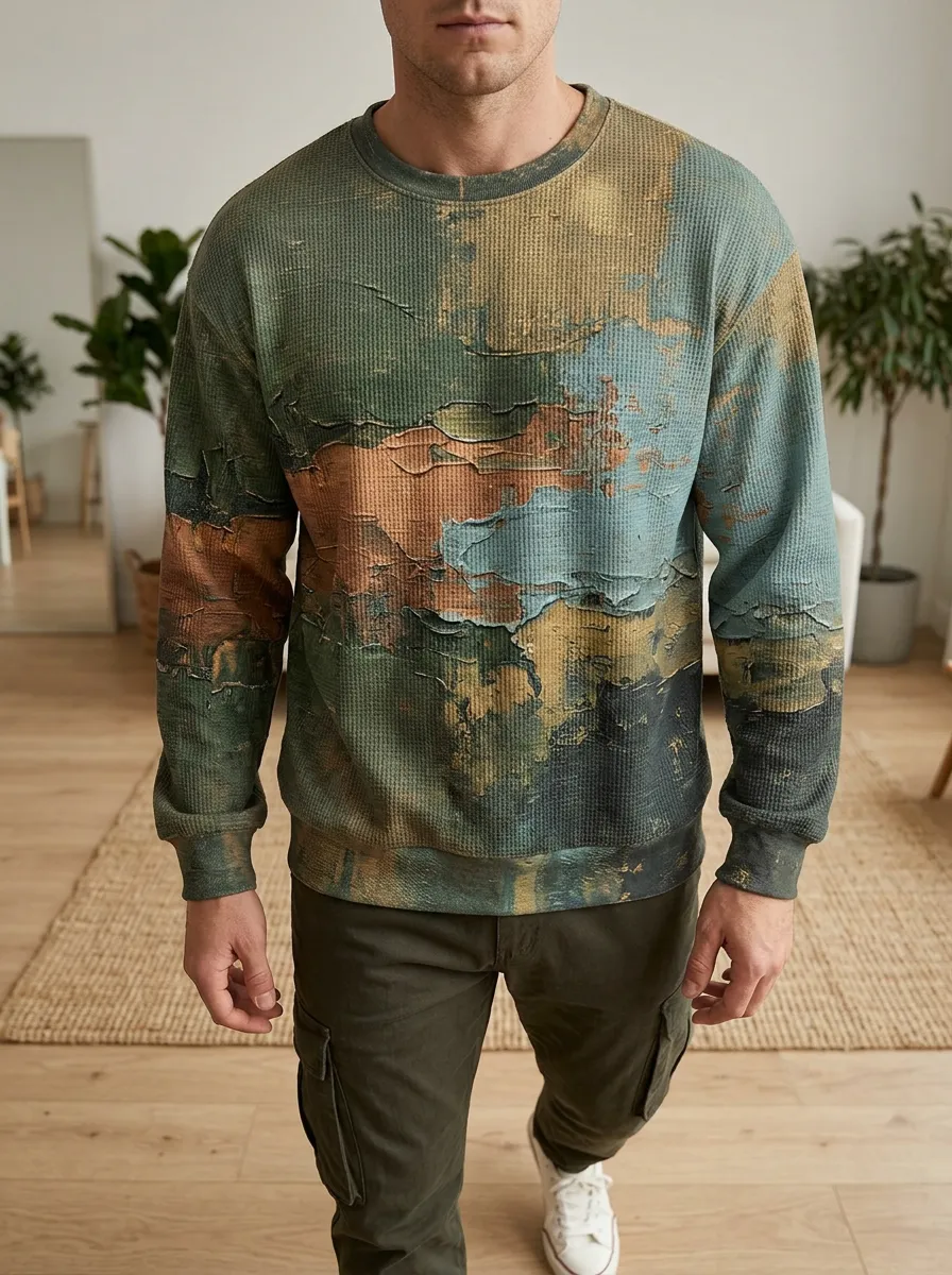 Men's Multi-Color Abstract Waffle Knit Crewneck Sweatshirt