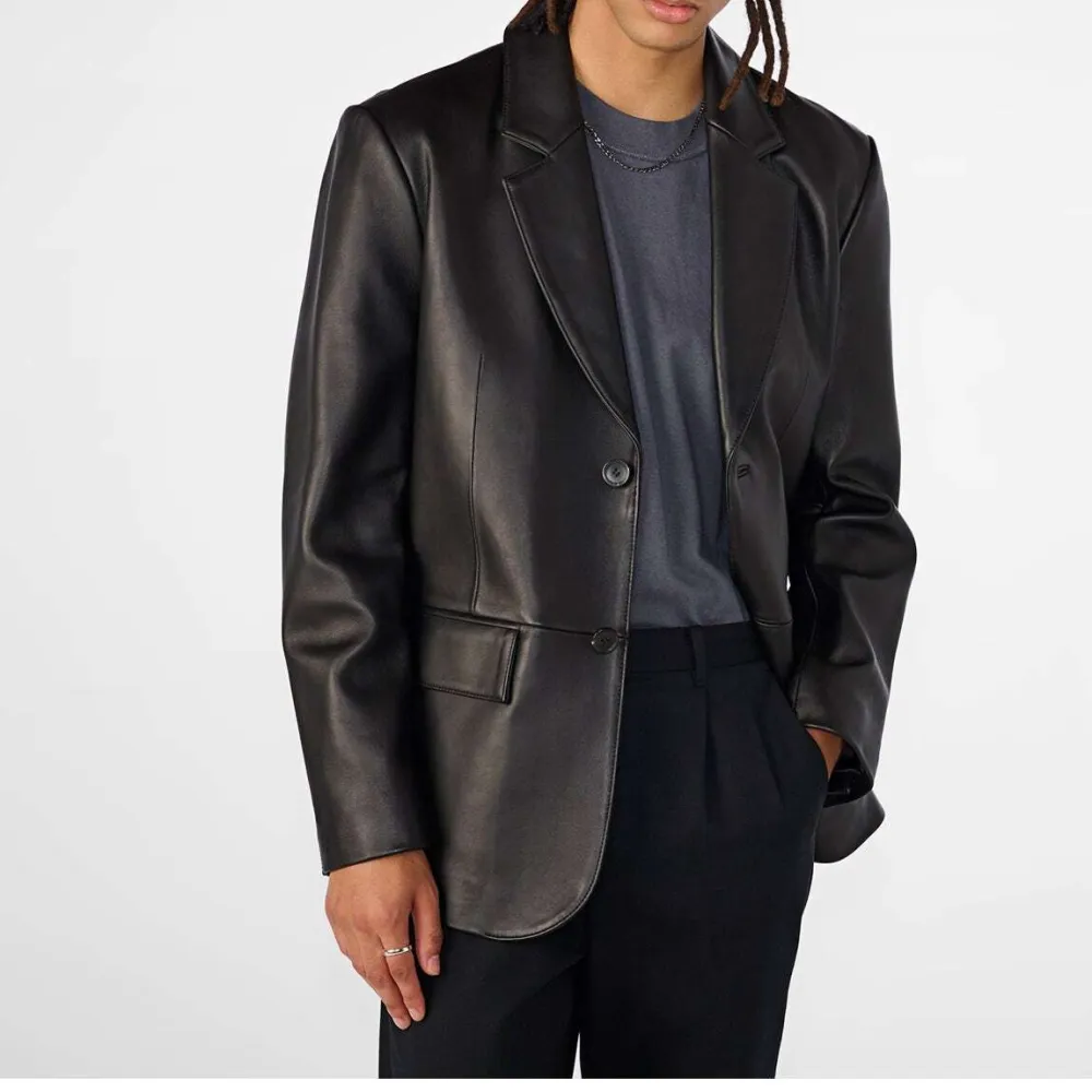 Casual Structured Notched Lapel Leather Blazer